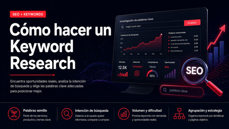 Infografía sobre cómo hacer un keyword research con análisis de volumen, intención de búsqueda, competencia y oportunidades SEO
