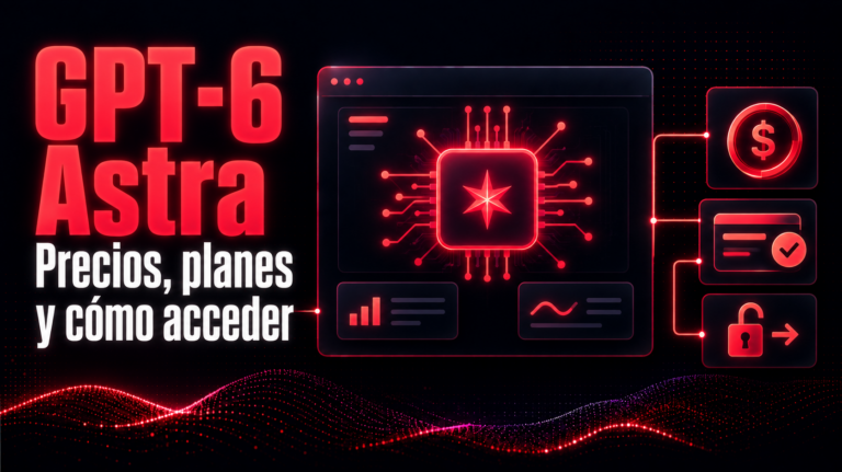 GPT-6 Astra: precios, planes y cómo acceder, con un procesador e iconos de pago y acceso en rojo neón sobre fondo oscuro.